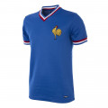 Maillot foot France 1971. Le maillot de l'Équipe de France de football des années 70, couleur bleue et col en V tricolore.
