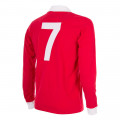 Vue de derrière de la réplique du maillot de George Best du Manchester United années 70 à col polo blanc. Un must pour les fans des Diables Rouges