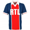 Vue de face du maillot vintage du Paris RTL 1982 de foot du Paris RTL de l'année 1982 avec le logo du sponsor RTL sur la poitrine.