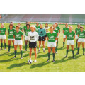Phot d'époque de l'équipe Saint-Étienne (ASSE) 1975/76 avec le mythique maillot sur le terrain de jeu.